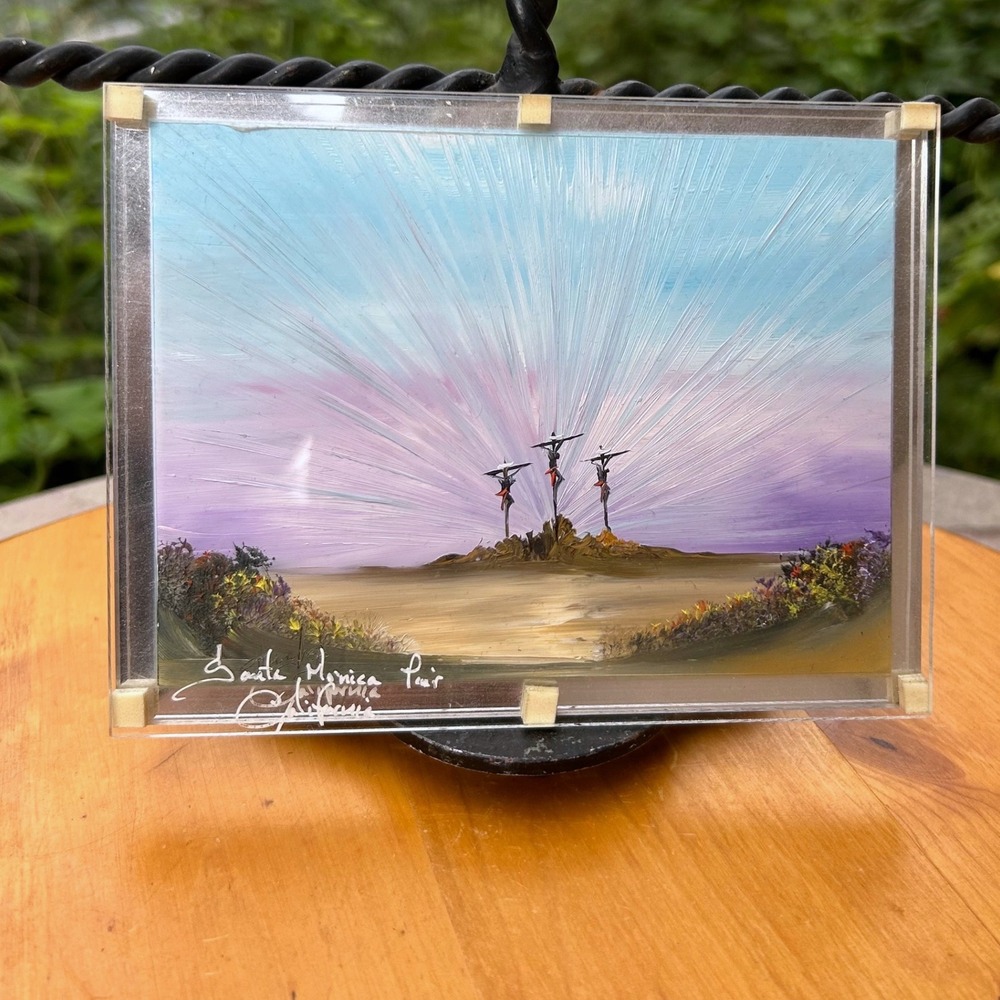 Vintage 3D Three Crosses Calvary Painting Small Purple Blue MCM Hand-Painted Art